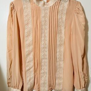 VINTAGE The Silk Farm 100% Silk Lace-Accented Blouse in Soft Peach